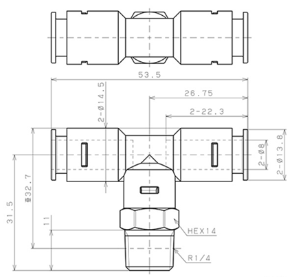 Bản vẽ kỹ thuật Đầu Nối Nhanh Khí Nén Dạng Chữ T Ren Ngoài Pisco APB8-02-TP