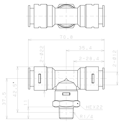 Bản vẽ kỹ thuật Đầu Nối Nhanh Khí Nén Dạng Chữ T Ren Ngoài Pisco APB12-02-E-TP