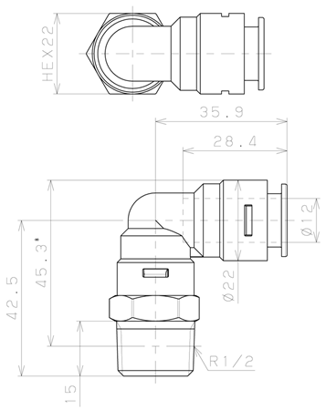 Bản vẽ kỹ thuật Đầu Nối Nhanh Khí Nén Dạng Cong 90° Ren Ngoài Pisco APL12-04-E-TP