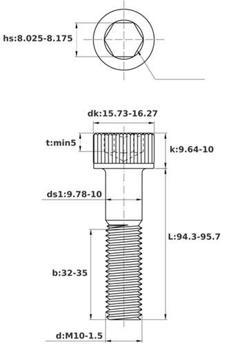 Bản vẽ kỹ thuật Lục Giác Chìm Đầu Trụ Thép Đen 12.9 DIN912 M10x95 Ren Lửng