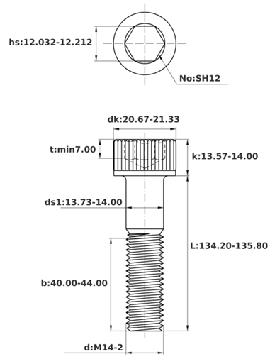 Bản vẽ kỹ thuật Lục Giác Chìm Đầu Trụ Thép Đen 12.9 DIN912 M14x135 Ren Lửng