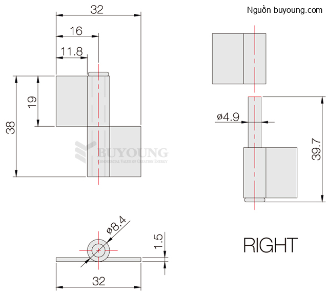 Bản vẽ kỹ thuật Bản lề hàn bên trái inox 304 Buyoung 33.3x38.2 BYHSN1540-12L