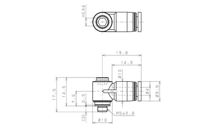 Bản vẽ kỹ thuật Đầu Nối Nhanh Khí Nén Dạng Cong 90° Đầu Lục Giác Chìm Ren Ngoài Pisco POL1/4-N1U