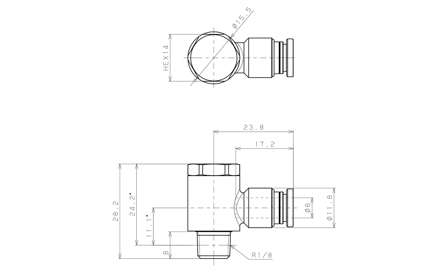 Bản vẽ kỹ thuật Đầu Nối Nhanh Khí Nén Cong 90° Đầu Lục Giác Trụ Ren Ngoài Pisco KH6-01-1-F