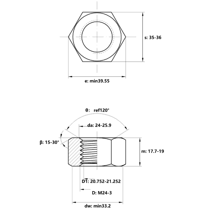 Bản vẽ kỹ thuật Tán Thép Mạ Kẽm 8.8 DIN934 M24