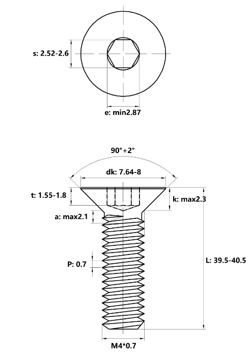 Bản vẽ kỹ thuật Lục Giác Chìm Col Thép Đen 10.9 DIN7991 M4x40 (50Cái/Bịch)
