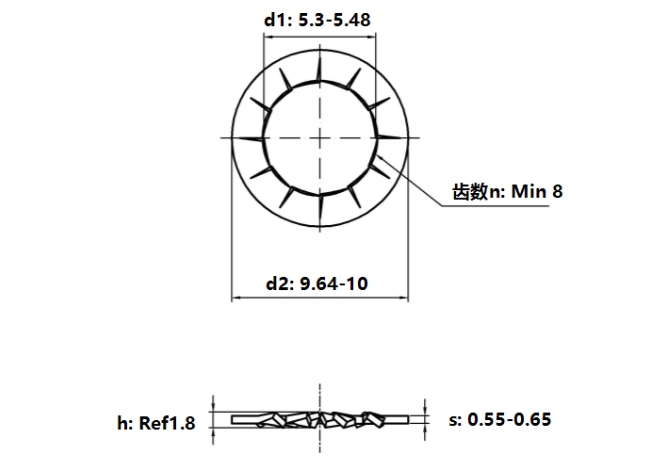 Bản vẽ kỹ thuật Lông Đền Răng Trong Loại J Thép Mạ Kẽm Trắng Cr3+ 4.8 DIN6798J M5