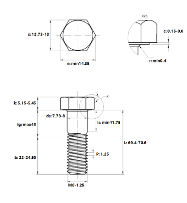 Bản vẽ kỹ thuật Bulong Mạ Kẽm 8.8 DIN931 M8x70 Ren Lửng