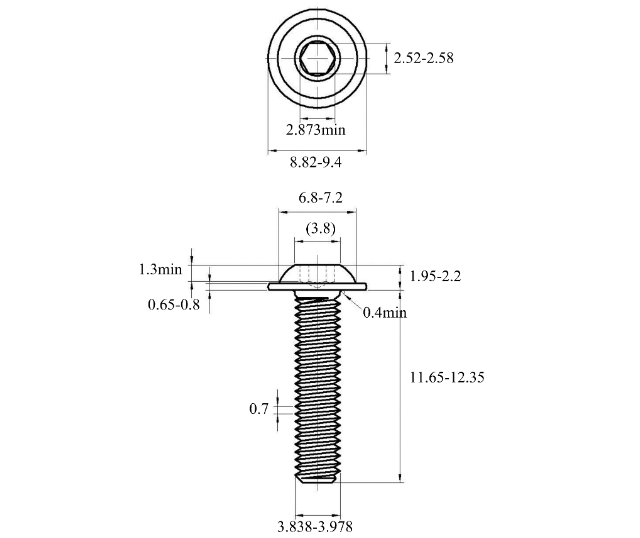 Bản vẽ kỹ thuật Lục Giác Chìm Mo Thép Mạ Kẽm Trắng Cr3+ 10.9 ISO7380-2 M4x12 (25Cái/Bịch)