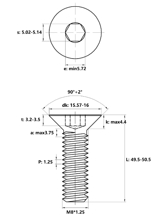 Bản vẽ kỹ thuật Lục Giác Chìm Col Thép Đen 10.9 DIN7991 M8x50 (25Cái/Bịch)