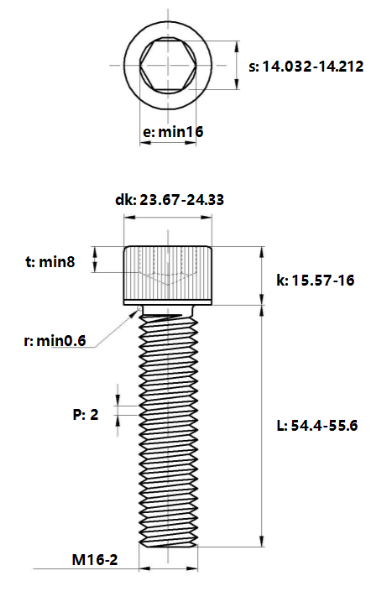 Bản vẽ kỹ thuật Lục Giác Chìm Đầu Trụ Thép Mạ Kẽm Trắng Cr3+ 12.9 DIN912 M16x55