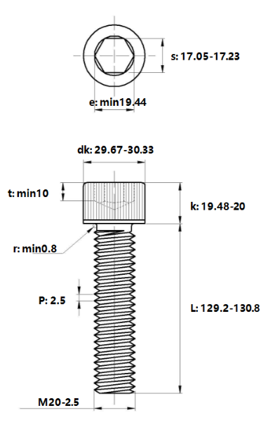 Bản vẽ kỹ thuật Lục Giác Chìm Đầu Trụ Thép Đen 12.9 DIN912 M20x130