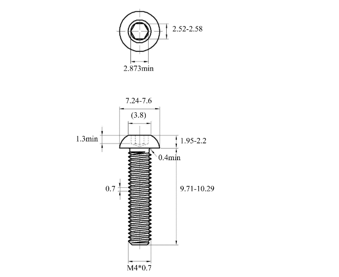 Bản vẽ kỹ thuật Lục Giác Chìm Mo Thép Mạ Kẽm Trắng Cr3+ 10.9 ISO7380 M4x10 (50Cái/Bịch)