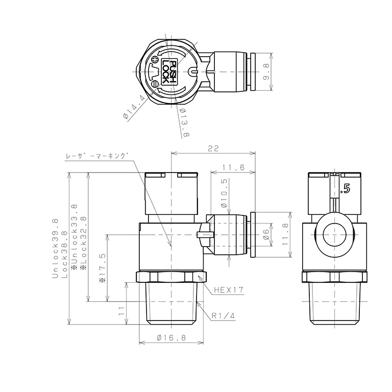Bản vẽ kỹ thuật Van Tiết Lưu Khí Nén Loại Khóa Đẩy Có Hiển Thị Chỉ Số Pisco JSGC6-02ALW