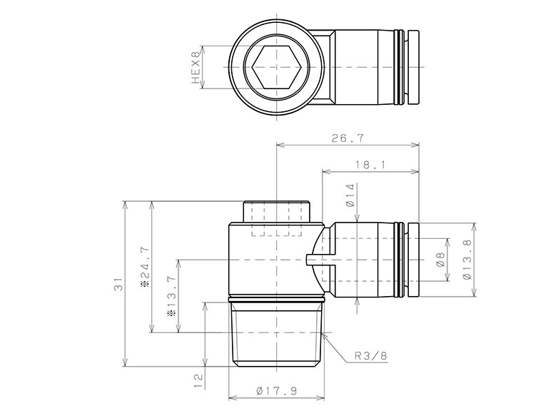 Bản vẽ kỹ thuật Đầu Nối Nhanh Khí Nén Dạng Cong 90° Đầu Lục Giác Chìm Ren Ngoài Pisco POL8-03