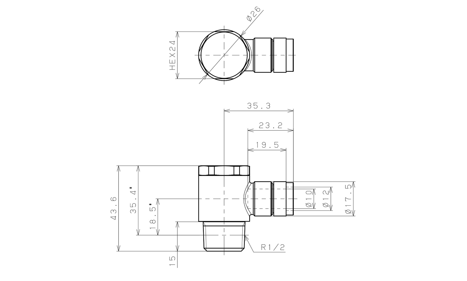 Bản vẽ kỹ thuật Đầu Nối Nhanh Khí Nén Cong 90° Đầu Lục Giác Trụ Ren Ngoài Pisco KH10-04-F