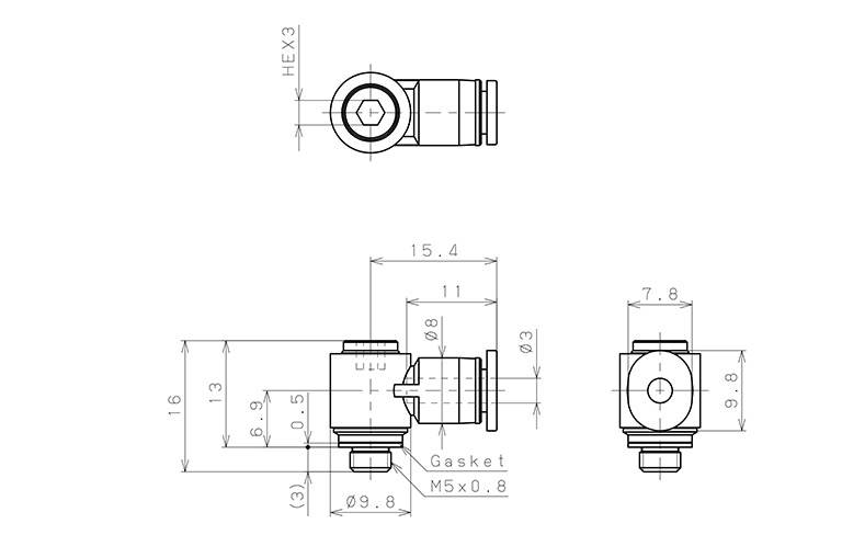 Bản vẽ kỹ thuật Đầu Nối Nhanh Khí Nén Dạng Cong 90° Đầu Lục Giác Chìm Ren Ngoài Pisco POL3-M5M
