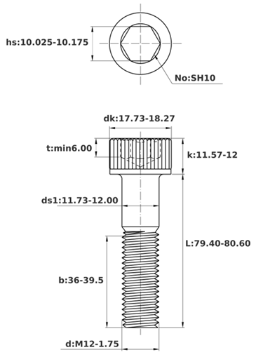 Bản vẽ kỹ thuật Lục Giác Chìm Đầu Trụ Thép Đen 12.9 DIN912 M12x80 Ren Lửng