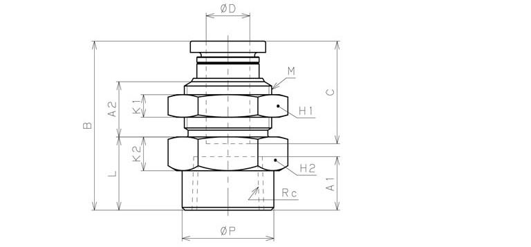 Bản vẽ kỹ thuật Đầu Nối Nhanh Khí Nén Dạng Thẳng Ren Trong Ngoài Pisco PMF1/2-N2U