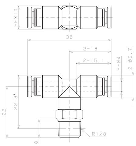 Bản vẽ kỹ thuật Đầu Nối Nhanh Khí Nén Dạng Chữ T Ren Ngoài Pisco KB4-01-1-F