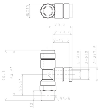 Bản vẽ kỹ thuật Đầu Nối Nhanh Khí Nén Dạng Chữ T Ren Ngoài Pisco KD10-03