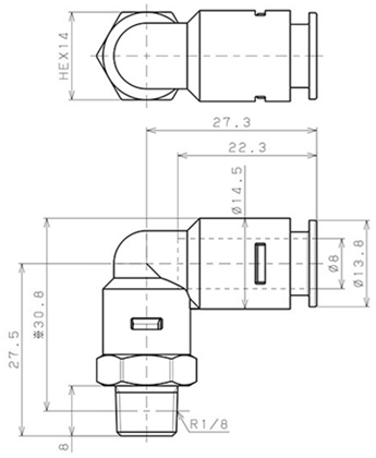 Bản vẽ kỹ thuật Đầu Nối Nhanh Khí Nén Dạng Cong 90° Ren Ngoài Pisco APL8-01-E-C