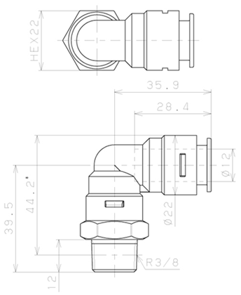 Bản vẽ kỹ thuật Đầu Nối Nhanh Khí Nén Dạng Cong 90° Ren Ngoài Pisco APL12-03-E