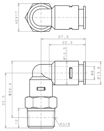 Bản vẽ kỹ thuật Đầu Nối Nhanh Khí Nén Dạng Cong 90° Ren Ngoài Pisco APL8-03-E-C