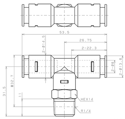 Bản vẽ kỹ thuật Đầu Nối Nhanh Khí Nén Dạng Chữ T Ren Ngoài Pisco APB8-02-C