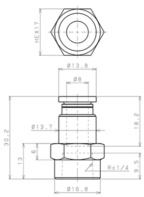 Bản vẽ kỹ thuật Đầu Nối Nhanh Khí Nén Thẳng Phi 8mm Ren Trong R1/4 Pisco PCF8-02