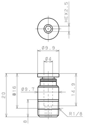 Bản vẽ kỹ thuật Đầu Nối Nhanh Khí Nén Thẳng Phi 4mm Ren Ngoài R1/8 Pisco POC4-01