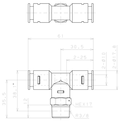 Bản vẽ kỹ thuật Đầu Nối Nhanh Khí Nén Dạng Chữ T Ren Ngoài Pisco APB10-03-TP-C