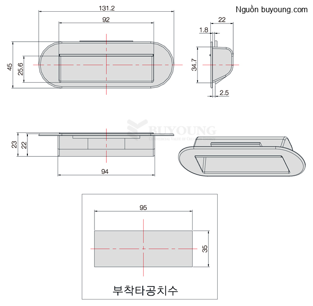 Bản vẽ kỹ thuật Tay nắm cửa chìm đen Buyoung 45x131.2 BYBSE-2-BK