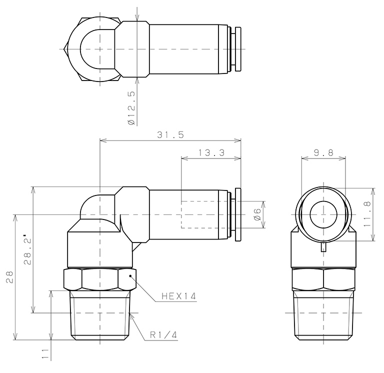 Bản vẽ kỹ thuật Đầu Nối Nhanh Khí Nén Dạng Cong 90° Ren Ngoài Có Van Tự Ngắt Pisco PSL6-02M