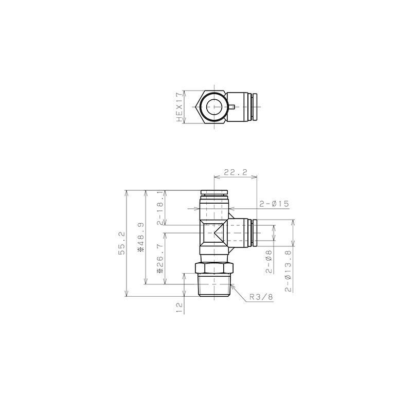 Bản vẽ kỹ thuật Đầu Nối Nhanh Khí Nén Dạng Chữ T Ren Ngoài Pisco SPD8-03