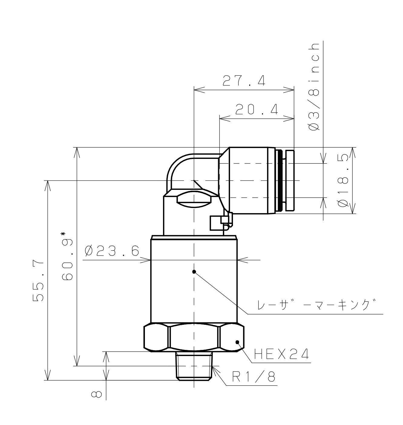 Bản vẽ kỹ thuật Đầu Nối Nhanh Khí Nén Dạng Cong 90° Ren Ngoài Có Khớp Xoay Pisco RAL3/8-01SUS-F-TP