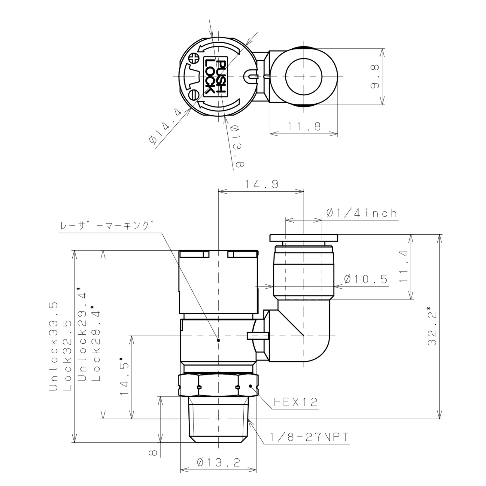 Bản vẽ kỹ thuật Van Tiết Lưu Khí Nén Loại Khóa Đẩy Có Hiển Thị Chỉ Số Pisco JSGS1/4-N1AW