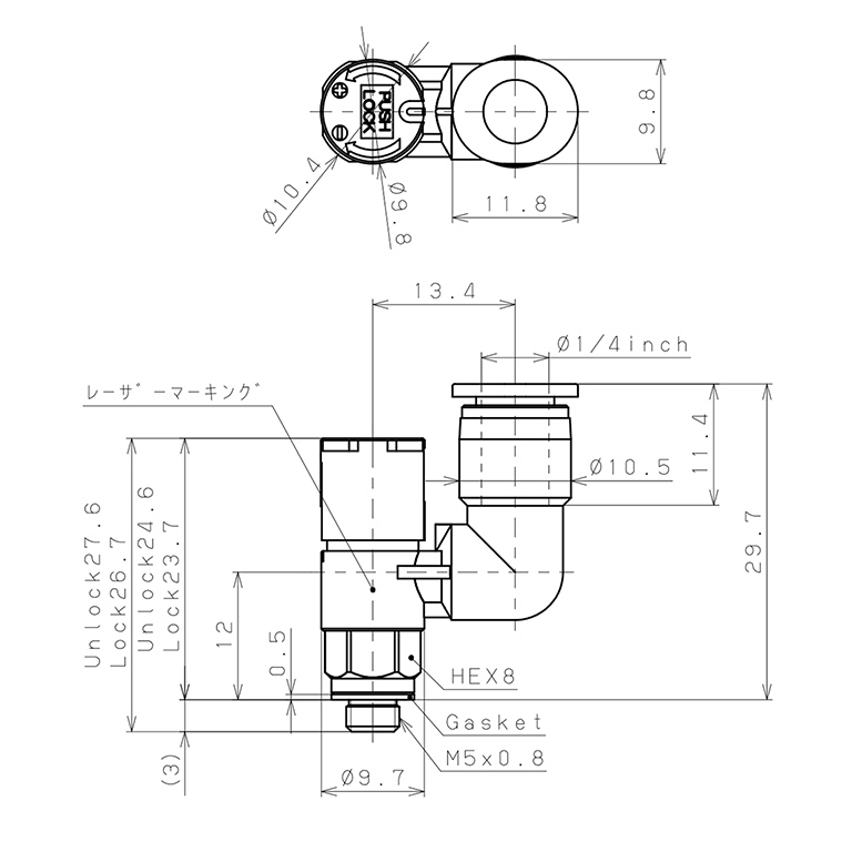 Bản vẽ kỹ thuật Van Tiết Lưu Khí Nén Loại Khóa Đẩy Có Hiển Thị Chỉ Số Pisco JSGS1/4-M5ALW