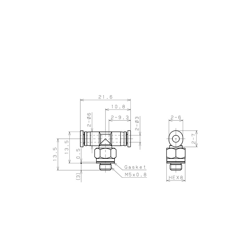 Bản vẽ kỹ thuật Đầu Nối Nhanh Khí Nén Dạng Chữ T Ren Ngoài Pisco PB3-M5MW