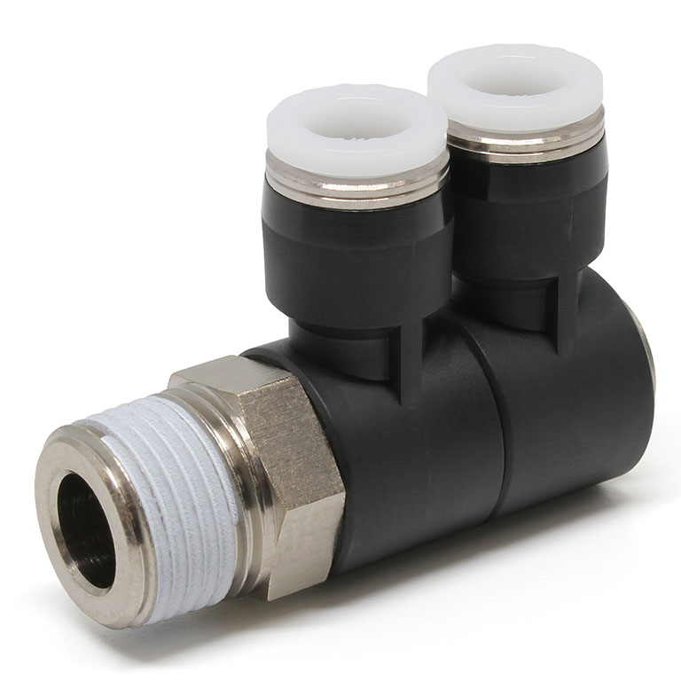 Đầu Nối Nhanh Khí Nén Hai Nhánh Cong 90° Thân Lục Giác Trụ Ren Ngoài Pisco PHW5/16-03