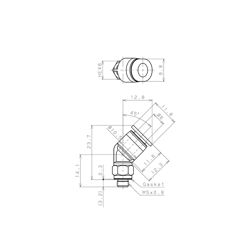 Bản vẽ kỹ thuật Đầu Nối Nhanh Khí Nén Dạng Cong 45° Ren Ngoài Pisco PLH6-M5M-C
