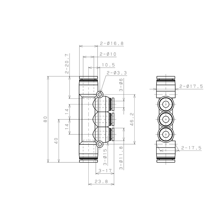 Bản vẽ kỹ thuật Đầu Nối Nhanh Khí Nén Chữ T 5 Ngã Dạng Nối Giảm Pisco PKG10-6W