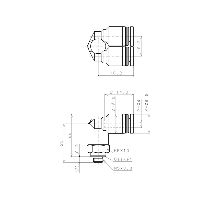Bản vẽ kỹ thuật Đầu Nối Nhanh Khí Nén Hai Nhánh Cong 90° Ren Ngoài Pisco PAX4-M5-C