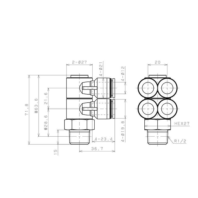 Bản vẽ kỹ thuật Đầu Nối Nhanh Khí Nén Bốn Nhánh Cong 90° Thân Lục Giác Trụ Ren Ngoài Pisco PAW12-04W