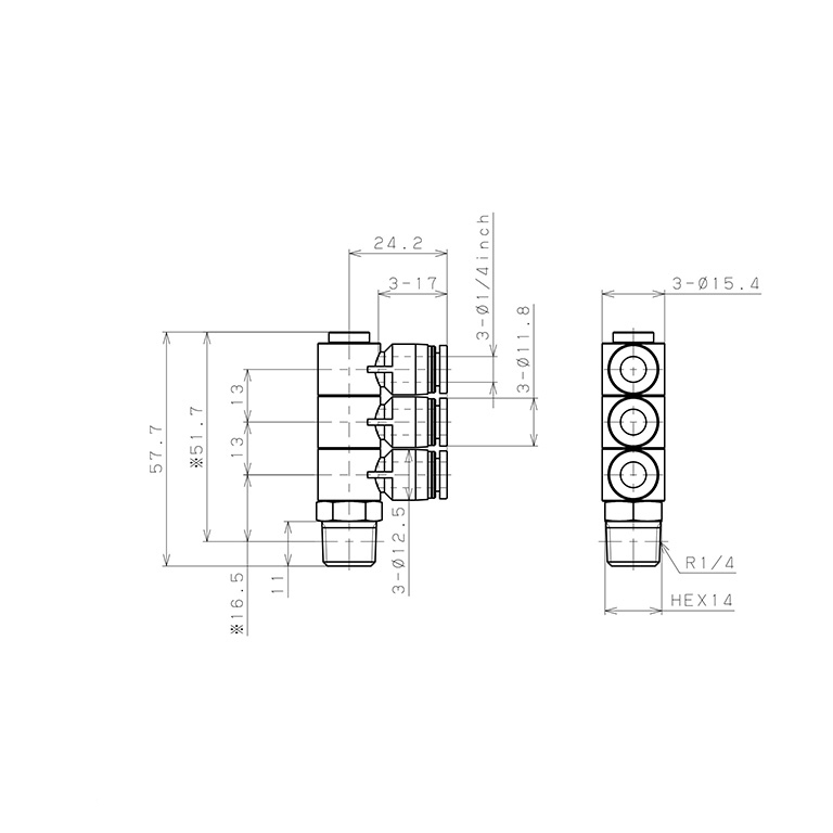 Bản vẽ kỹ thuật Đầu Nối Nhanh Khí Nén Ba Nhánh Cong 90° Thân Lục Giác Trụ Ren Ngoài Pisco PHT1/4-02