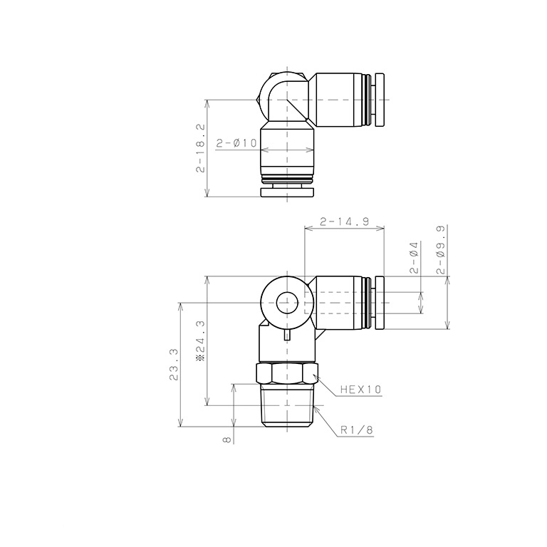 Bản vẽ kỹ thuật Đầu Nối Nhanh Khí Nén Hai Nhánh Chạc Ba Cong 90° Ren Ngoài Pisco PVX4-01