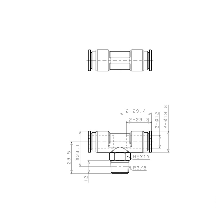 Bản vẽ kỹ thuật Đầu Nối Nhanh Khí Nén Dạng Chữ T Ren Ngoài Pisco SSPB12-03-X-TP-C