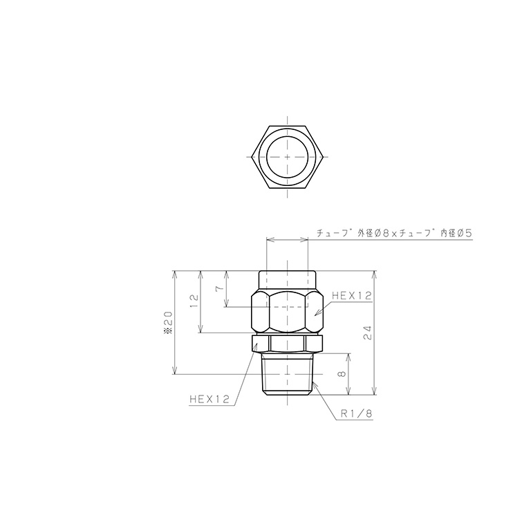 Bản vẽ kỹ thuật Đầu Ngạnh Nối Ống Có Đai Ốc Xiết Dạng Thẳng Thân Lục Giác Ren Ngoài Pisco NKC0850-01