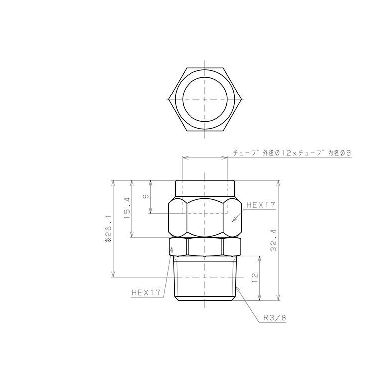Bản vẽ kỹ thuật Đầu Ngạnh Nối Ống Có Đai Ốc Xiết Dạng Thẳng Thân Lục Giác Ren Ngoài Pisco NKC1290-03