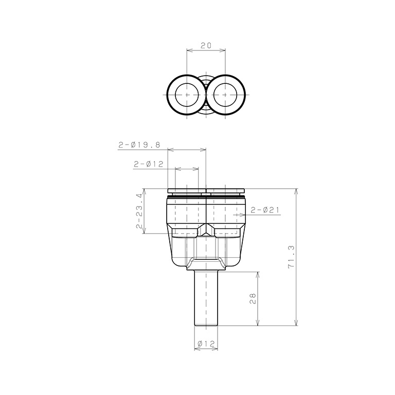 Bản vẽ kỹ thuật Đầu Nối Nhanh Khí Nén Giữa Ống Khí Và Fitting Dạng Chữ Y Pisco PYJ12-C